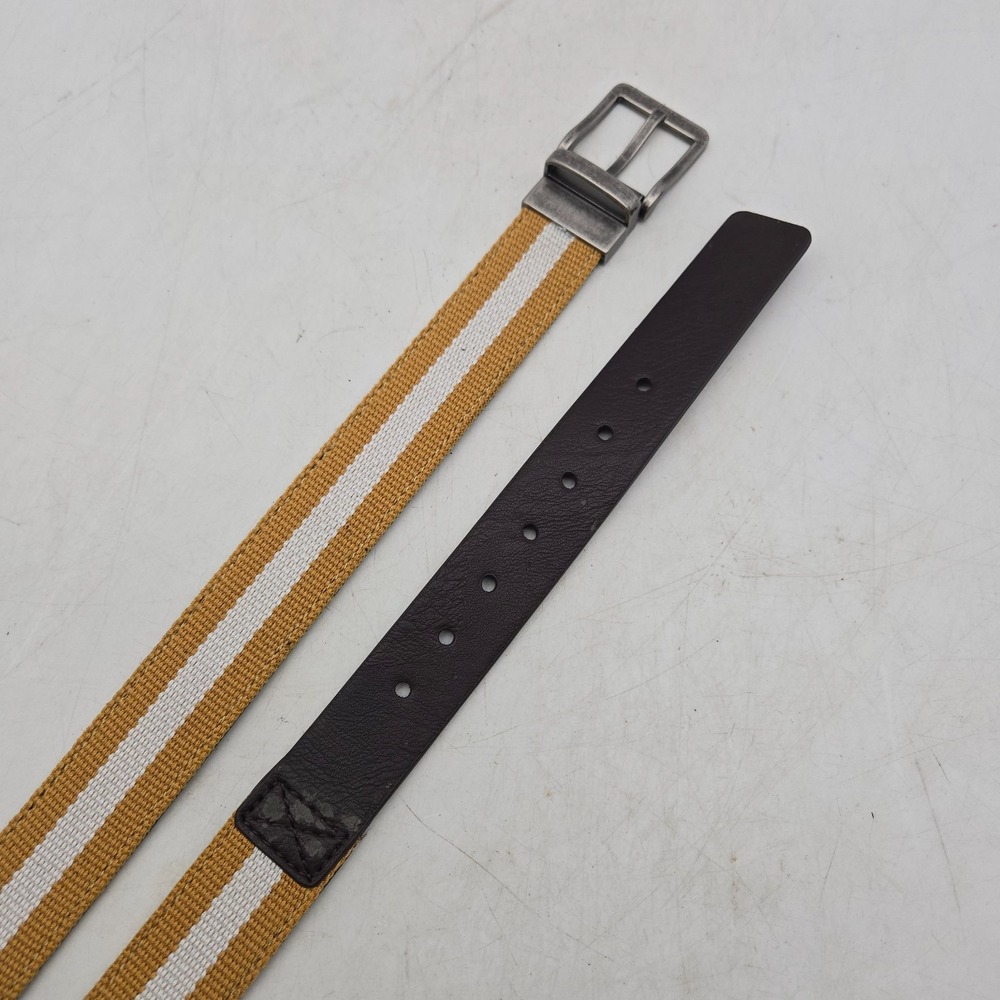 Structure Belt Brown Leather Yellow Stripe Woven Fabric Mens 28 Gunmetal Buckle
